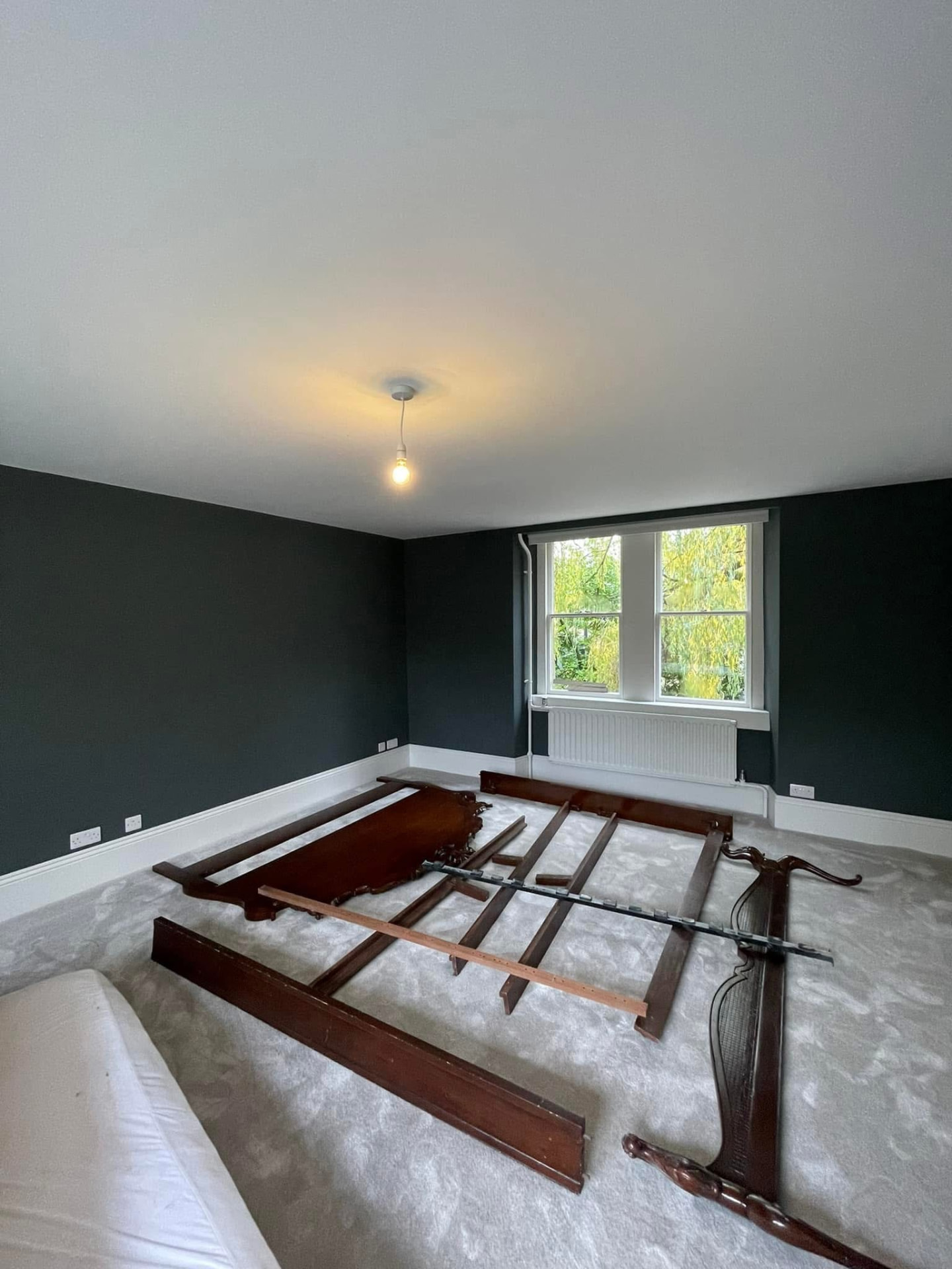 Bedroom with deep charcoal feature walls and a white radiator under the window