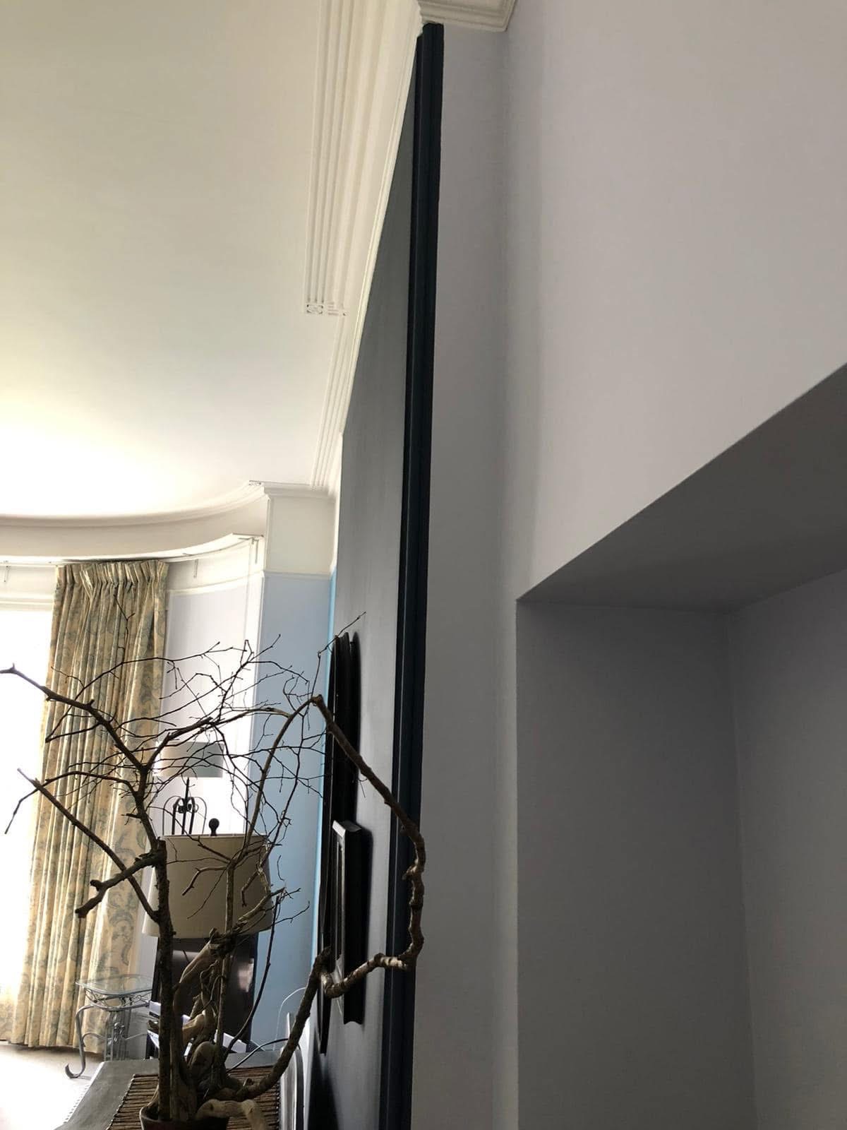 Crisp cut-in line where deep navy meets pale grey beside white plaster cornicing
